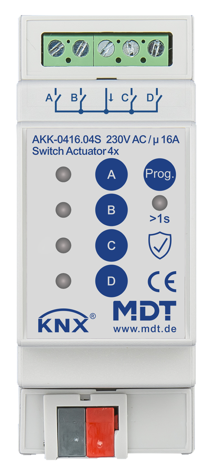 MDT Actionneur 4 sorties KNX, 2 modules, 16 A, 230 V CA, compact, 70 µF