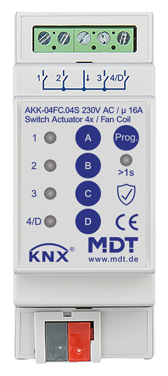 MDT Actionneur 4 sorties KNX, 2 modules, 16 A, 230 V CA, compact, 70 µF