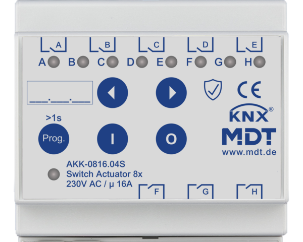 MDT Actionneur 8 sorties KNX, 4 modules, 16 A, 230 V CA, compact, 70 µF