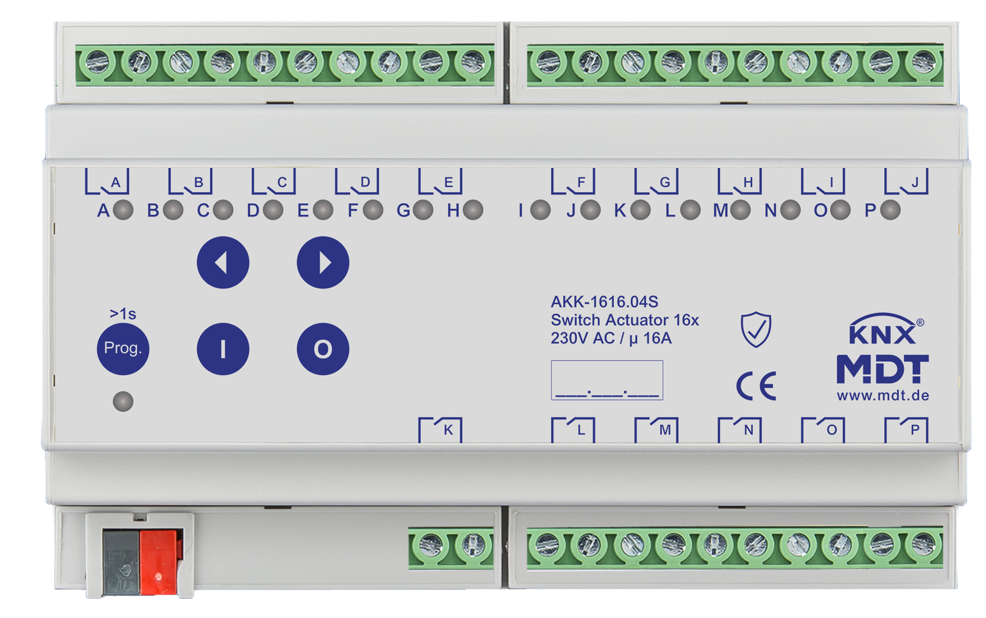 MDT Actionneur 16 sorties KNX, 8 modules, 16 A, 230 V CA, compact, 70 µF
