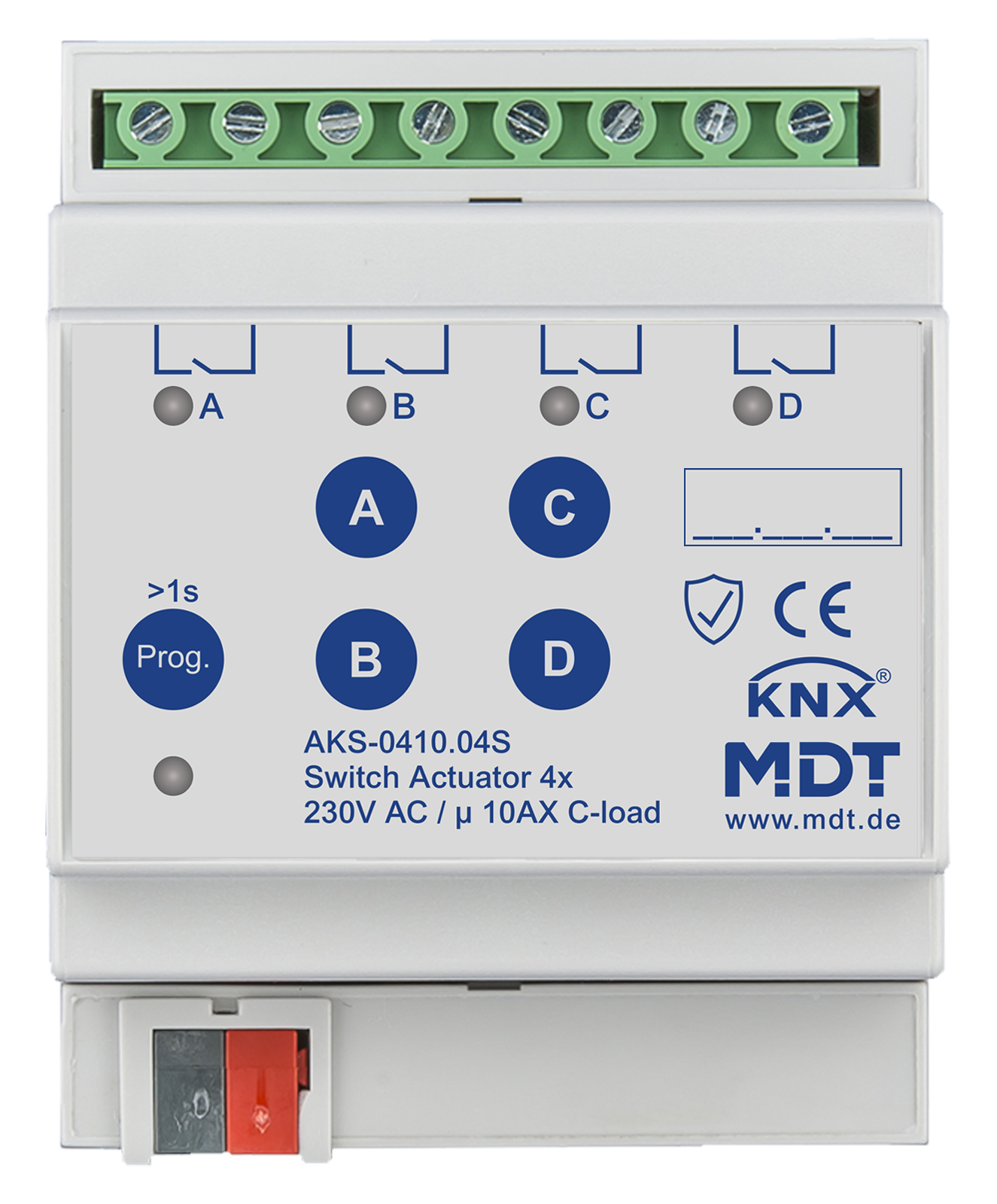 MDT Actionneur 4 sorties KNX, 4 modules, 10 A, 230 V CA, charge capacitive, standard