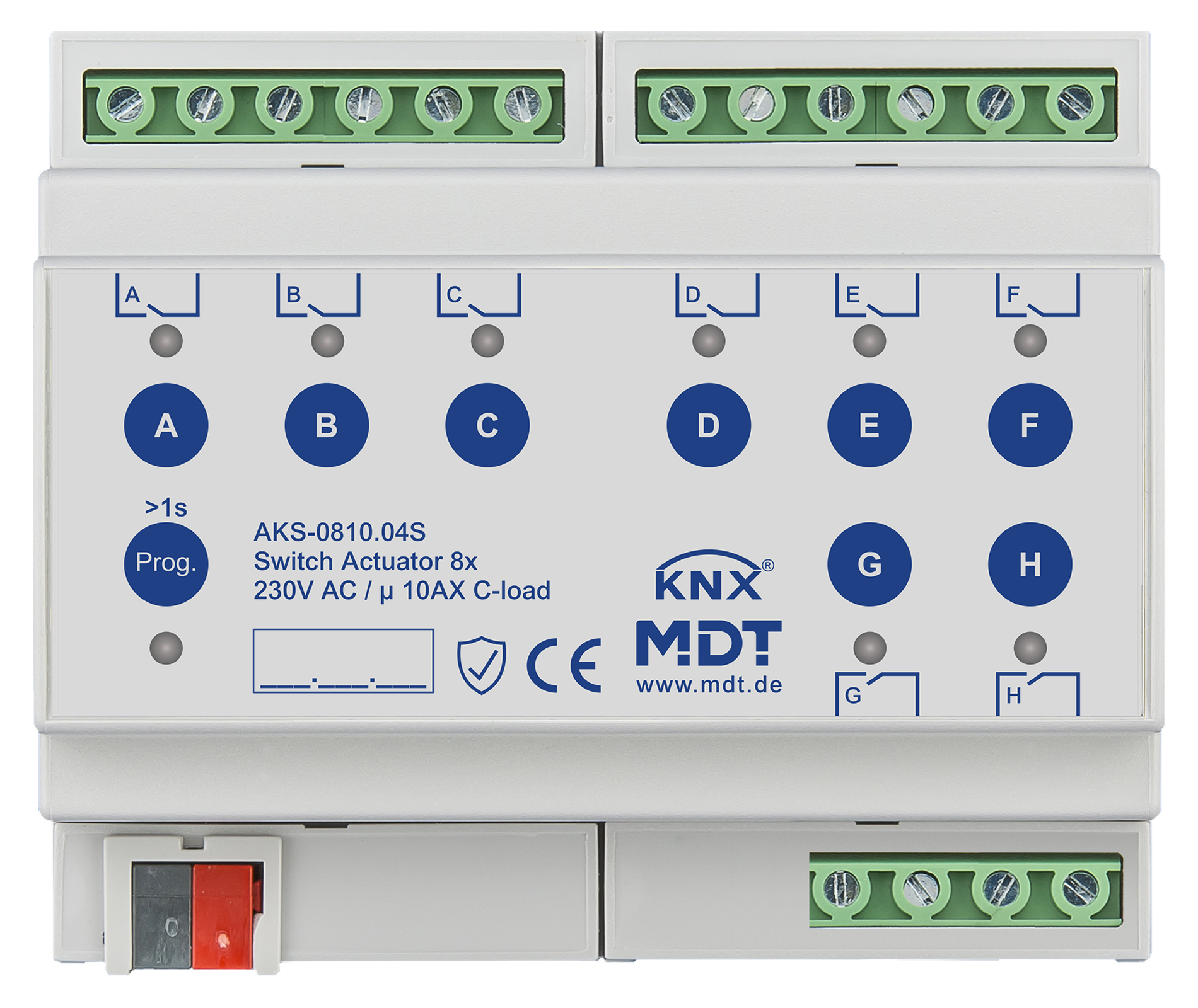 MDT Actionneur 8 sorties KNX, 6 modules, 10 A, 230 V CA, charge capacitive, standard
