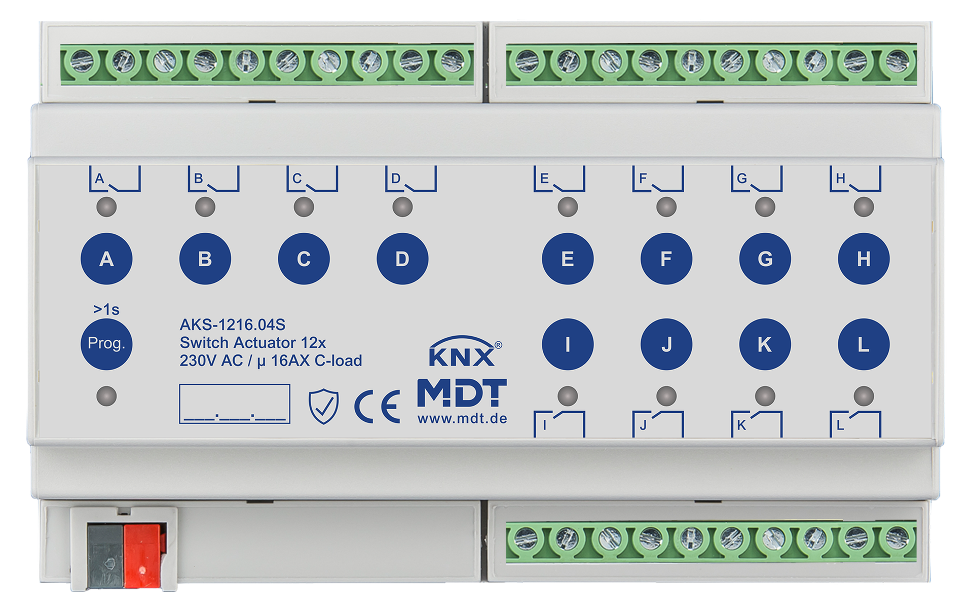 MDT Actionneur 12 sorties KNX, 8 modules, 16 A, 230 VCA, charge capacitive, standard