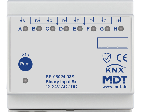 MDT Entrée binaire, 8 entrées KNX, 4 modules, 24 V CA/CC.