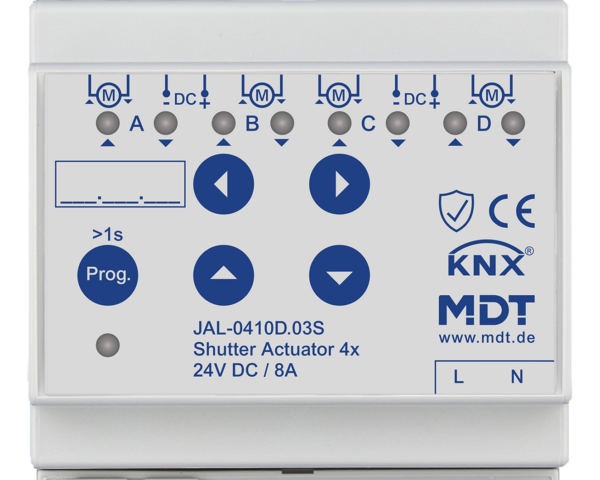 MDT Actionneur de stores et volets roulants 4 sorties KNX, 4 modules, 8 A, 24 V CC
