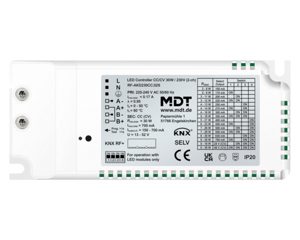 MDT Contrôleur LED CC/VC KNX 30 W RF+ radio / 230 V 2 sorties, Secure
