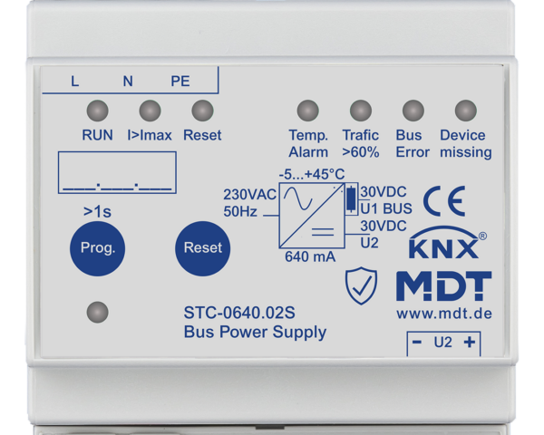 MDT Alimentation bus KNX avec fonction de diagnostic, 4 modules, 640 mA.