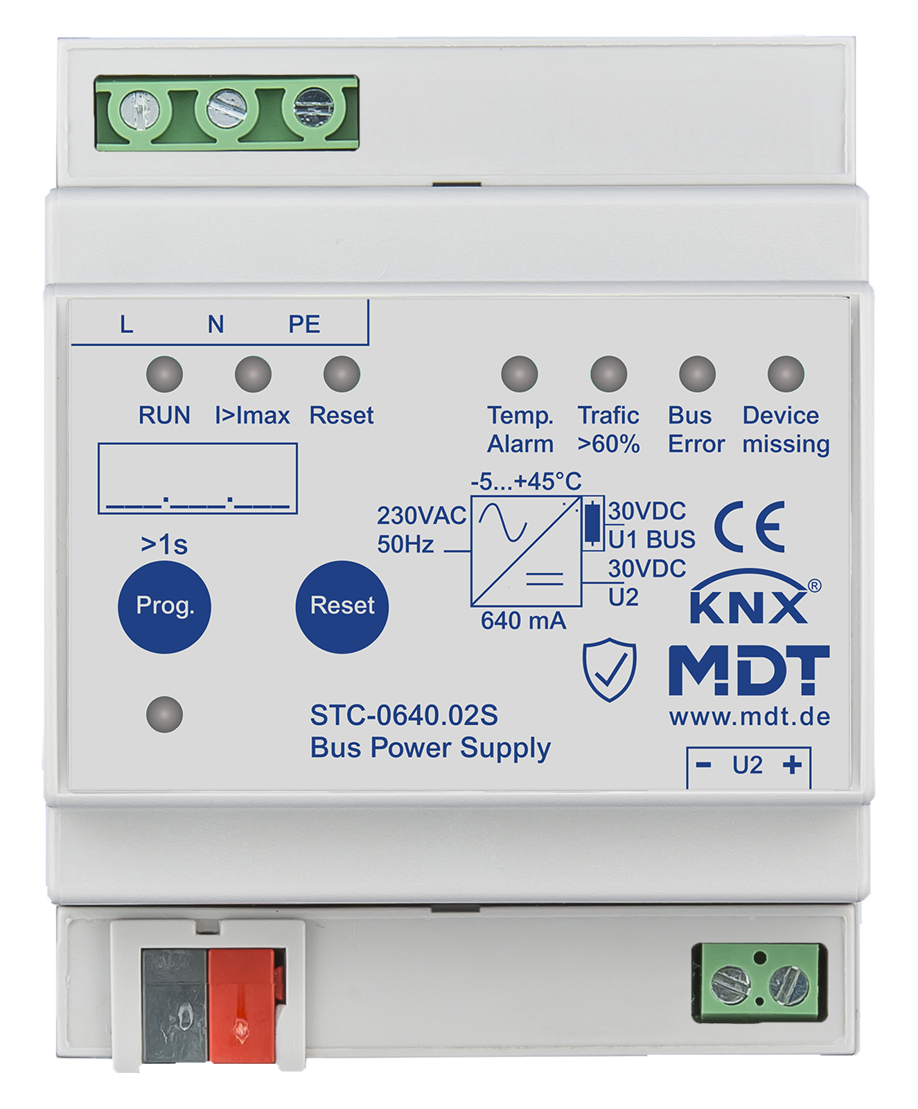 MDT Alimentation bus KNX avec fonction de diagnostic, 4 modules, 640 mA.
