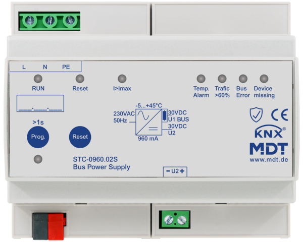 MDT Alimentation bus KNX avec fonction de diagnostic, 6 modules, 960 mA.