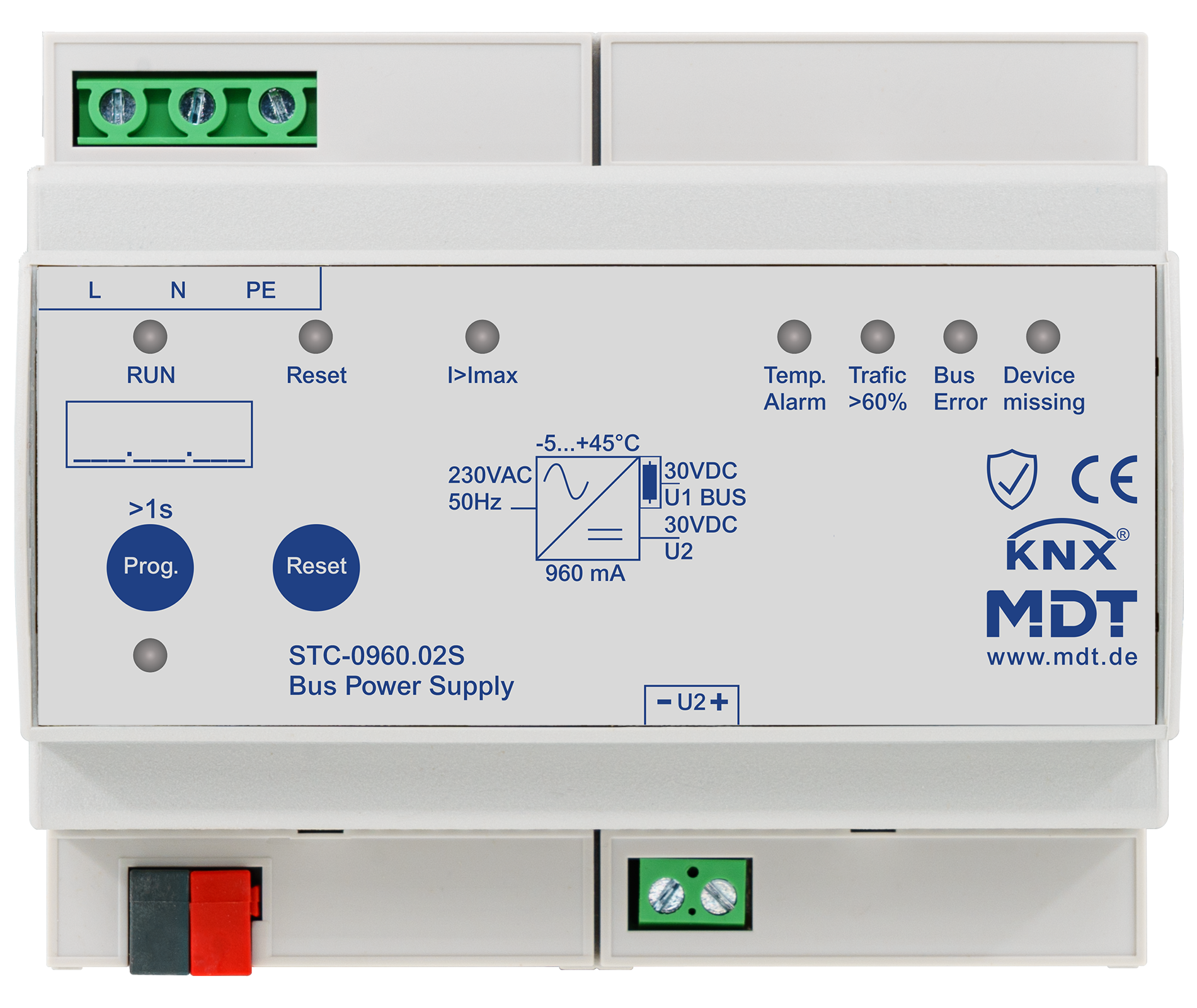 MDT Alimentation bus KNX avec fonction de diagnostic, 6 modules, 960 mA.