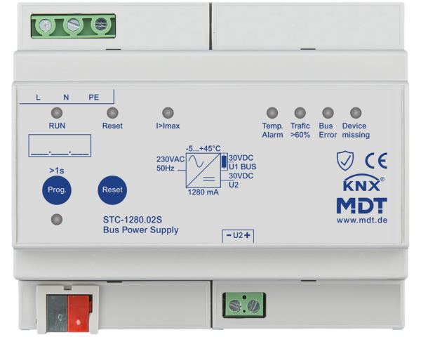 MDT Alimentation bus KNX avec fonction de diagnostic, 6 modules, 1 280 mA.