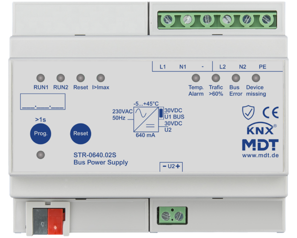 MDT Alimentation bus KNX redondante avec diagnostic, 6 modules, 640 mA.